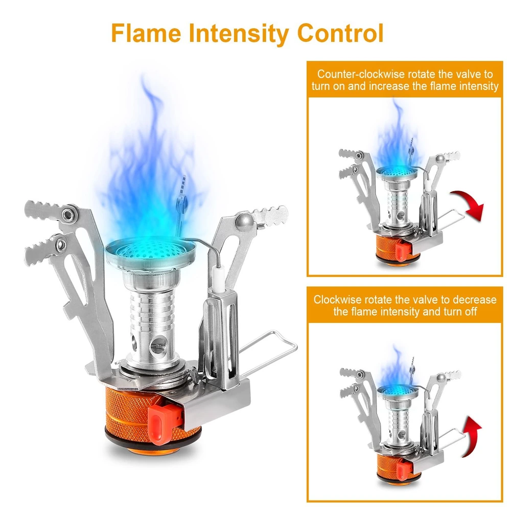 Compact camping stove with adjustable flame intensity control, featuring a blue flame and a sturdy base.