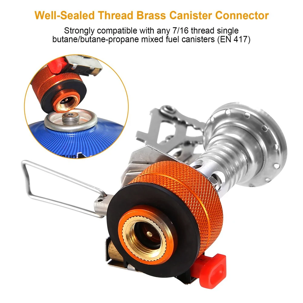 Brass canister connector with well-sealed thread, designed for compatibility with 7/16 thread butane and propane fuel canisters, featuring a close-up of the connector's threading and a blue fuel canister below.
