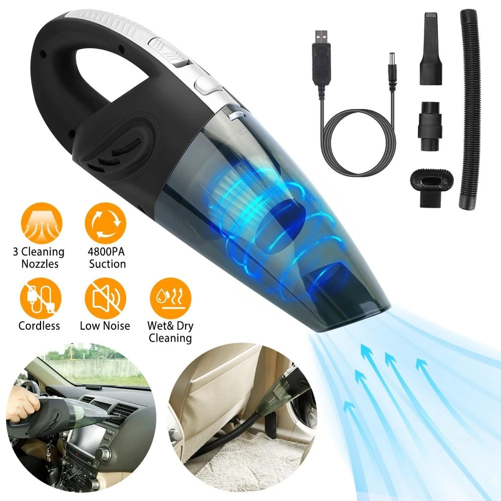 Cordless handheld vacuum cleaner with 4800PA suction power, featuring 3 cleaning nozzles for wet and dry cleaning, low noise operation, and USB charging cable, ideal for car interior cleaning.