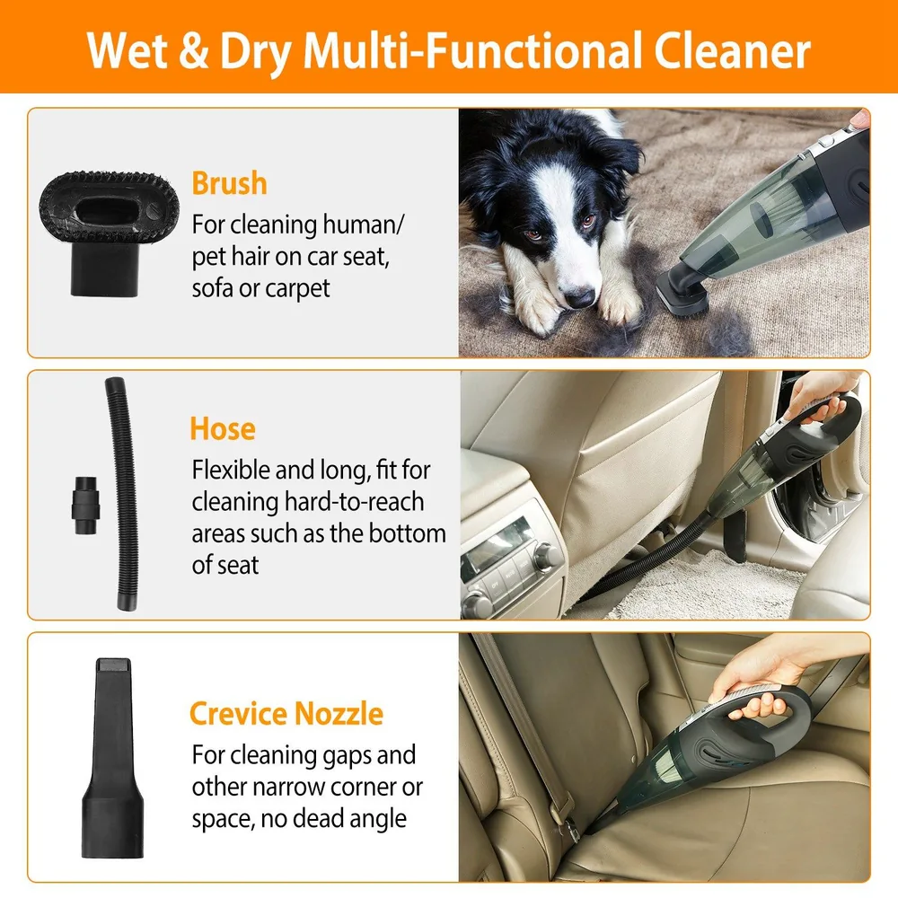 Wet and dry multi-functional cleaner with brush, flexible hose, and crevice nozzle, designed for effective cleaning of car interiors, upholstery, and pet hair.