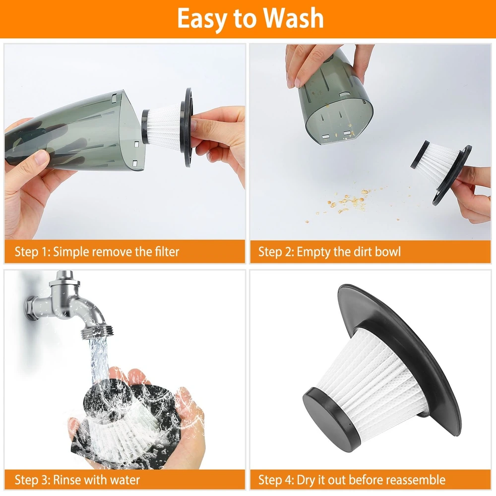 Image showing four-step process for washing a vacuum cleaner filter: 1) Remove the filter, 2) Empty the dirt bowl, 3) Rinse with water, 4) Dry it out before reassembling.