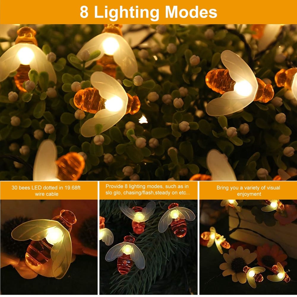 String of decorative bee-shaped LED lights featuring 30 vibrant lights on a 19.68ft wire, showcasing 8 different lighting modes for versatile visual effects.