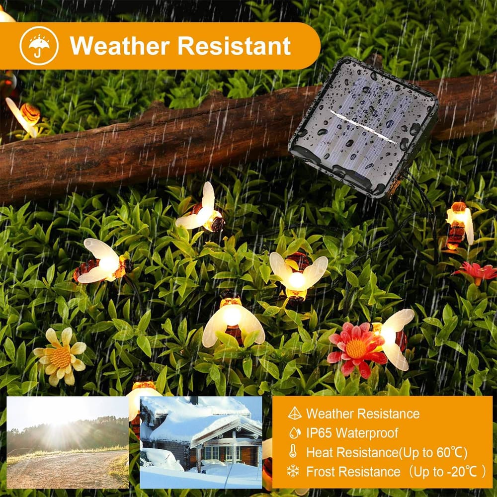 Solar-powered flower string lights with weather-resistant solar panel, illuminated in the rain, highlighting IP65 waterproof, heat and frost resistance features.