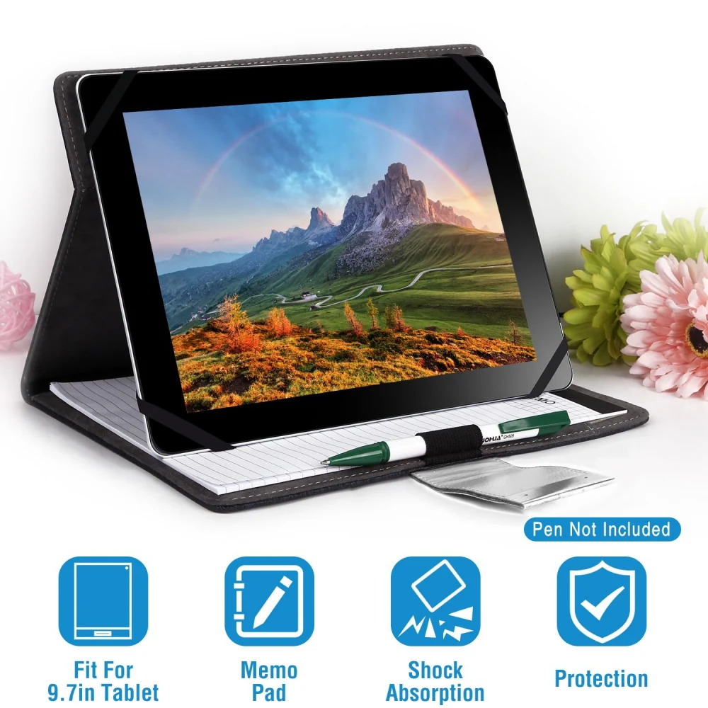 Tablet case designed for 9.7-inch tablets, featuring a memo pad, shock absorption, and enhanced protection, with a green pen on a lined notepad and decorative flowers in the background.