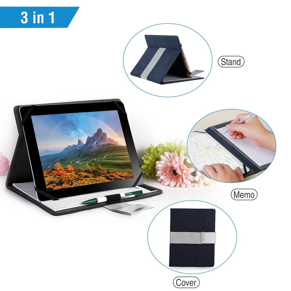 3-in-1 multifunctional tablet case shown in use as a stand, memo pad, and cover, featuring a scenic display, pen, and floral accents.