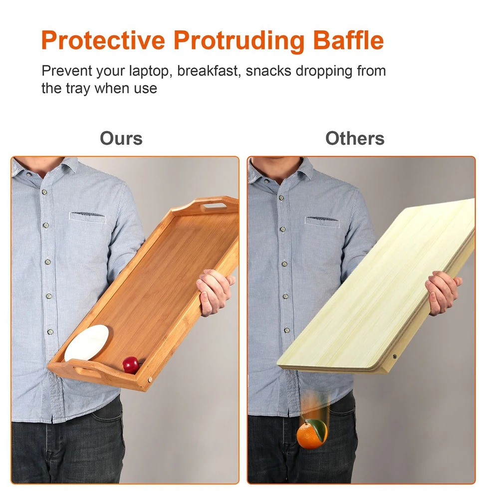 Image comparing two serving trays: one with a protective baffle preventing items from falling and another without, showcasing functionality and design benefits for laptop use, breakfast, and snacks.