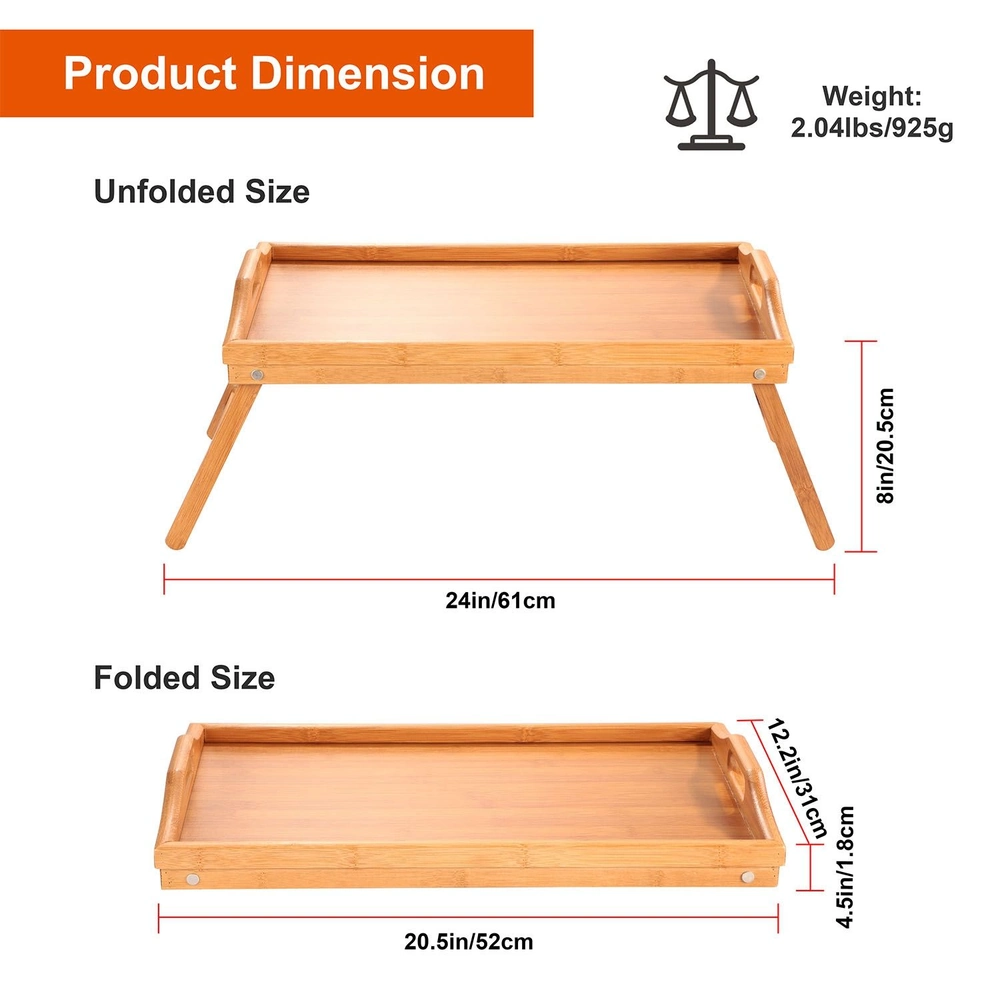 Bamboo serving tray dimensions with unfolded size of 24in x 8in and folded size of 20.5in x 4.5in, highlighting lightweight design of 2.04lbs.