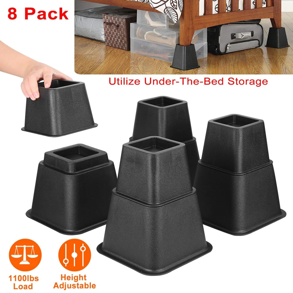 Black bed risers set, 8 pack, designed to create under-bed storage space, featuring adjustable height and capable of supporting up to 1100 lbs.