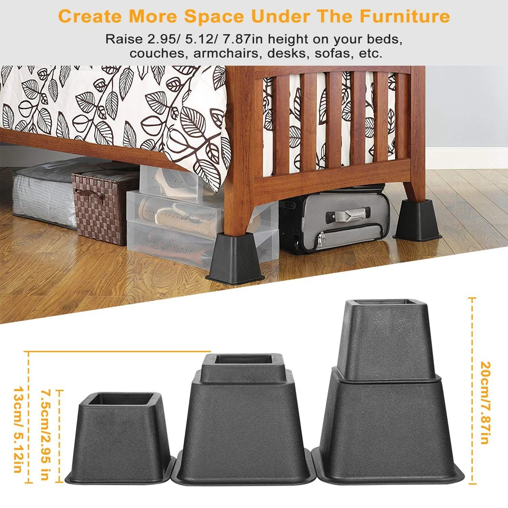 Furniture risers in black allowing adjustable height of 2.95, 5.12, and 7.87 inches under beds and sofas, creating extra storage space underneath.