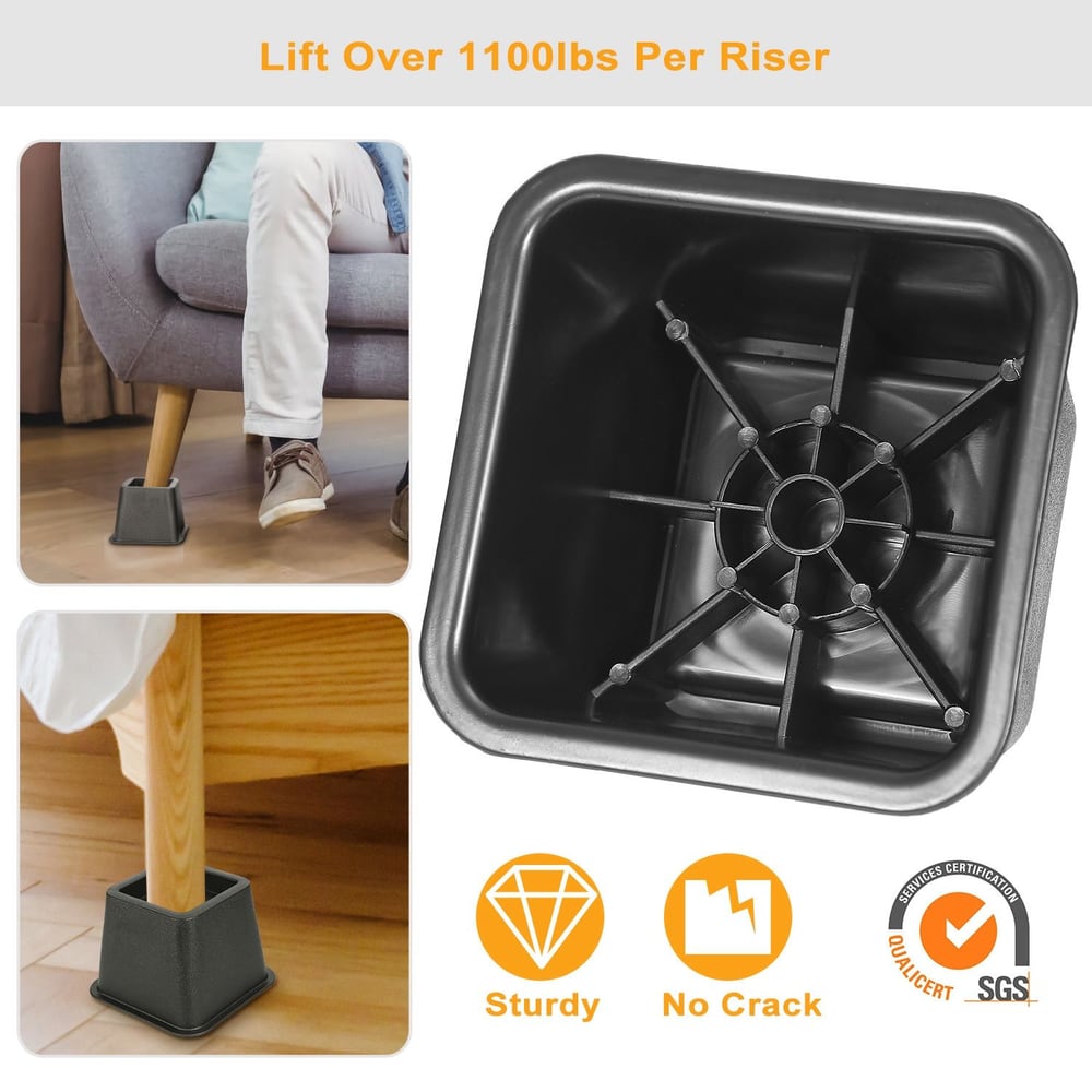 Heavy-duty furniture risers capable of lifting over 1100lbs per riser, featuring a sturdy design with no cracks, shown under a couch leg and a bed post.