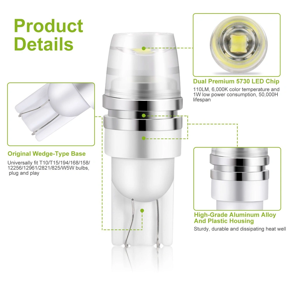 LED bulb with dual premium 5730 chip, 110 lumens, 6000K color temperature, compatible with T10/T15 wedge bases, featuring high-grade aluminum alloy and plastic housing for durability and heat dissipation.