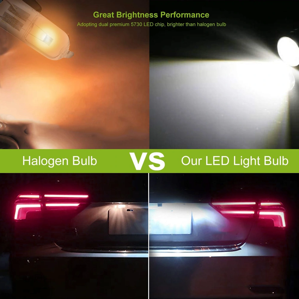 Comparison image showcasing brightness performance between halogen and premium 5730 LED light bulbs, featuring illuminated car taillights and a close-up of the bulbs.