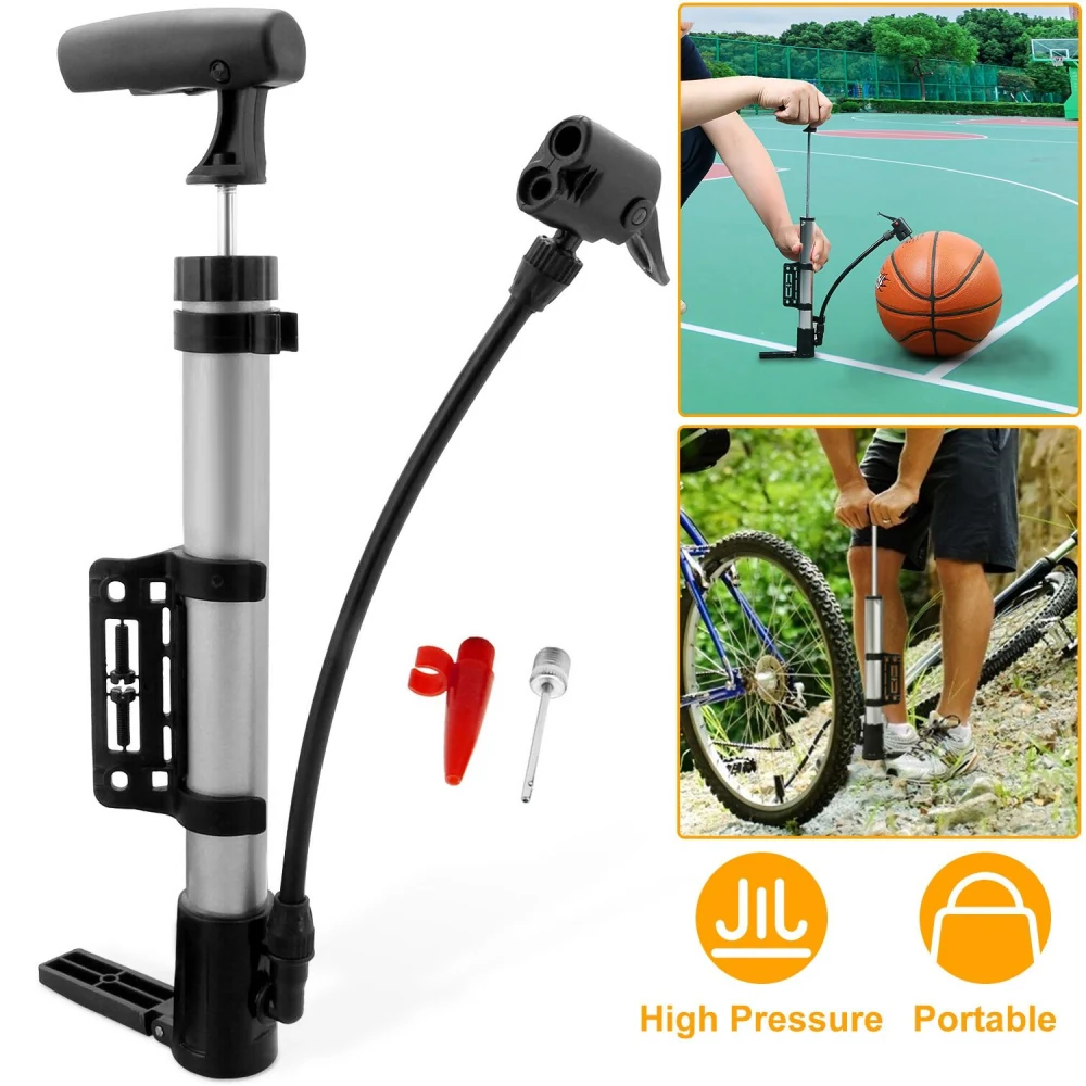 Portable high-pressure bike and ball pump with multiple nozzles, designed for easy inflation of various sports equipment and bicycle tires.