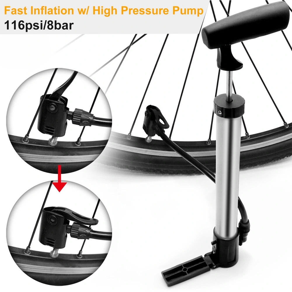 High pressure bike pump with ergonomic handle and dual valve system for fast inflation, capable of achieving 116psi/8bar pressure.