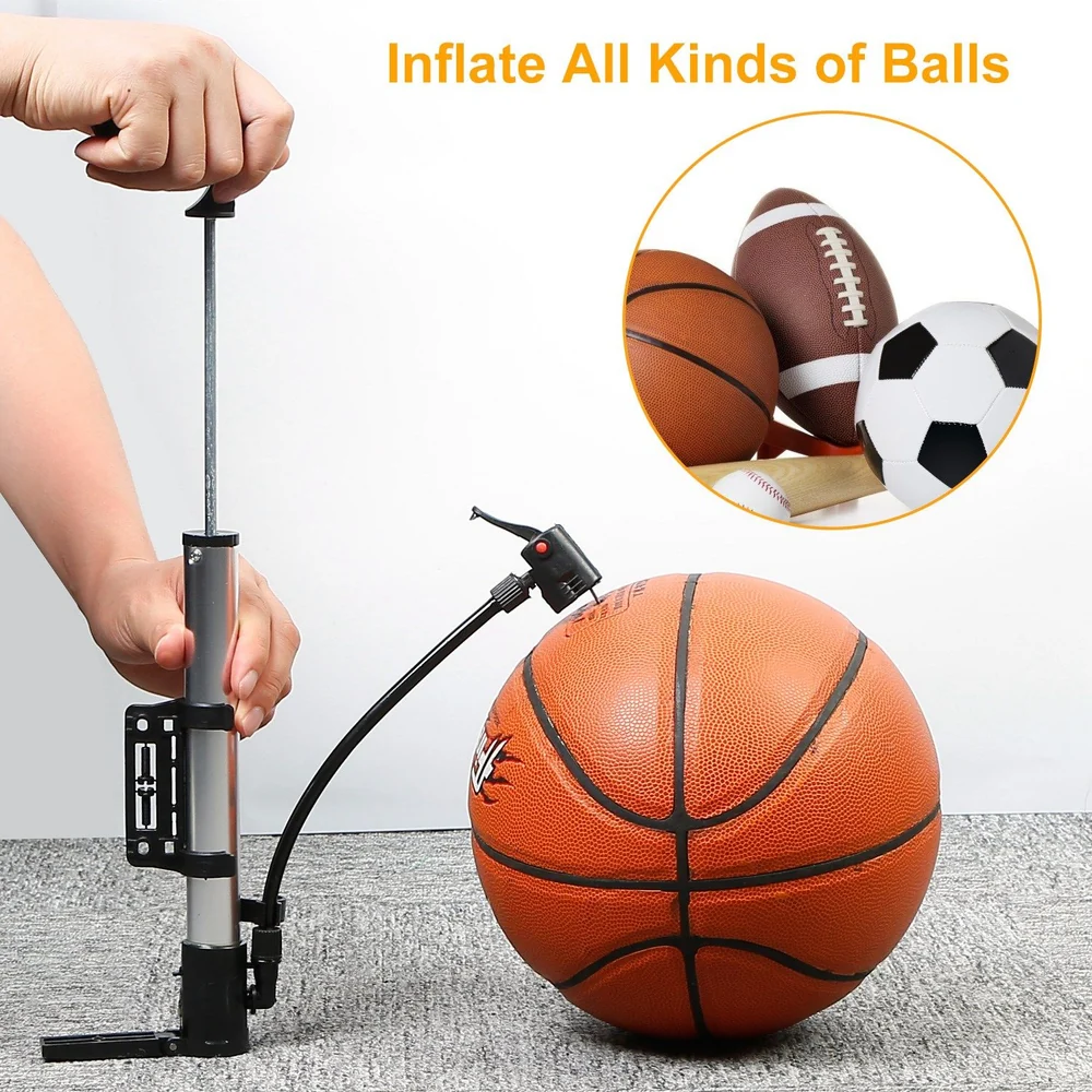 Hand using a ball pump to inflate a basketball, with an illustration of various sports balls, demonstrating the versatility of the pump for inflating different types of balls.
