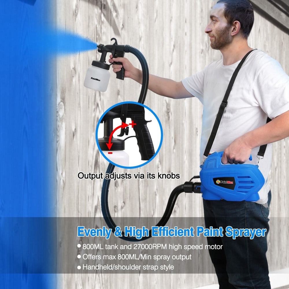 High-efficiency paint sprayer in use, featuring an 800ML tank and 27000RPM motor, adjustable output, and a handheld/shoulder strap design.