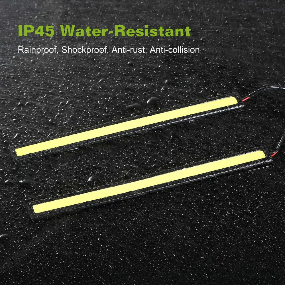 IP45 water-resistant LED light strips with rainproof, shockproof, anti-rust, and anti-collision features on a wet surface.