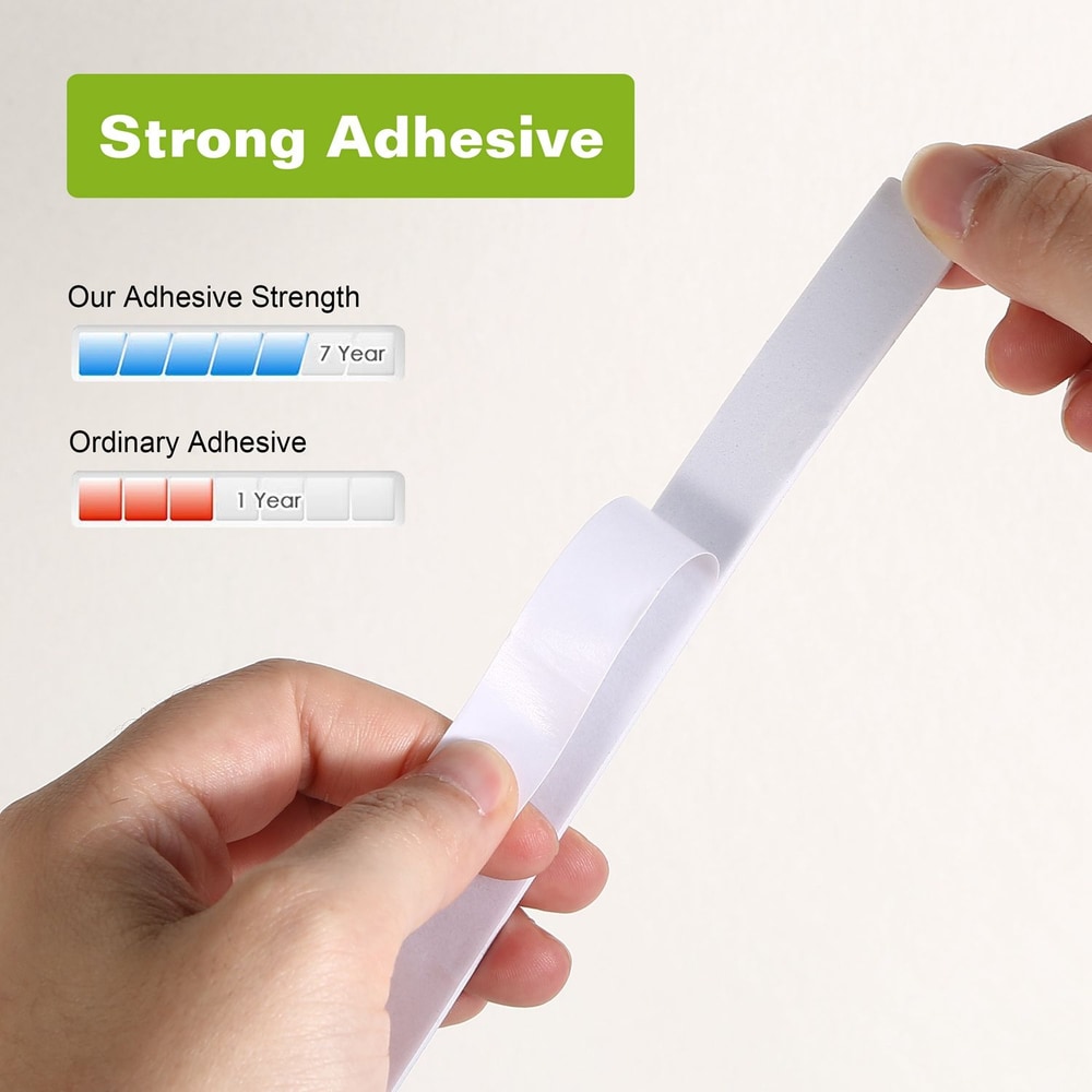 Strong adhesive tape comparison showcasing durability, with a hand holding a flexible white adhesive strip, indicating a 7-year lifespan versus ordinary adhesive with a 1-year lifespan.