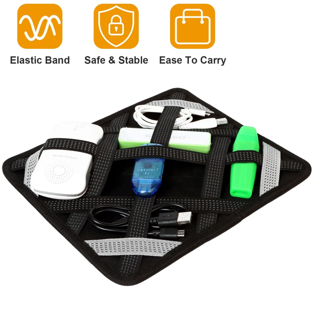 Multi-functional storage organizer featuring elastic bands to securely hold various tech accessories, including chargers and cables, in a compact and portable design.