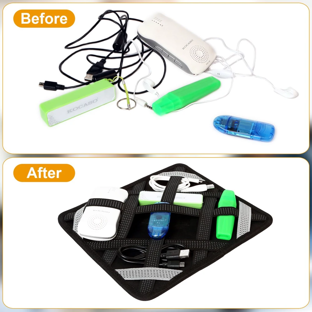 Before and after image of a cable organizer, showing a messy arrangement of charging cables and devices on top, and a neatly organized setup with various tech gadgets secured in a compact storage system below.
