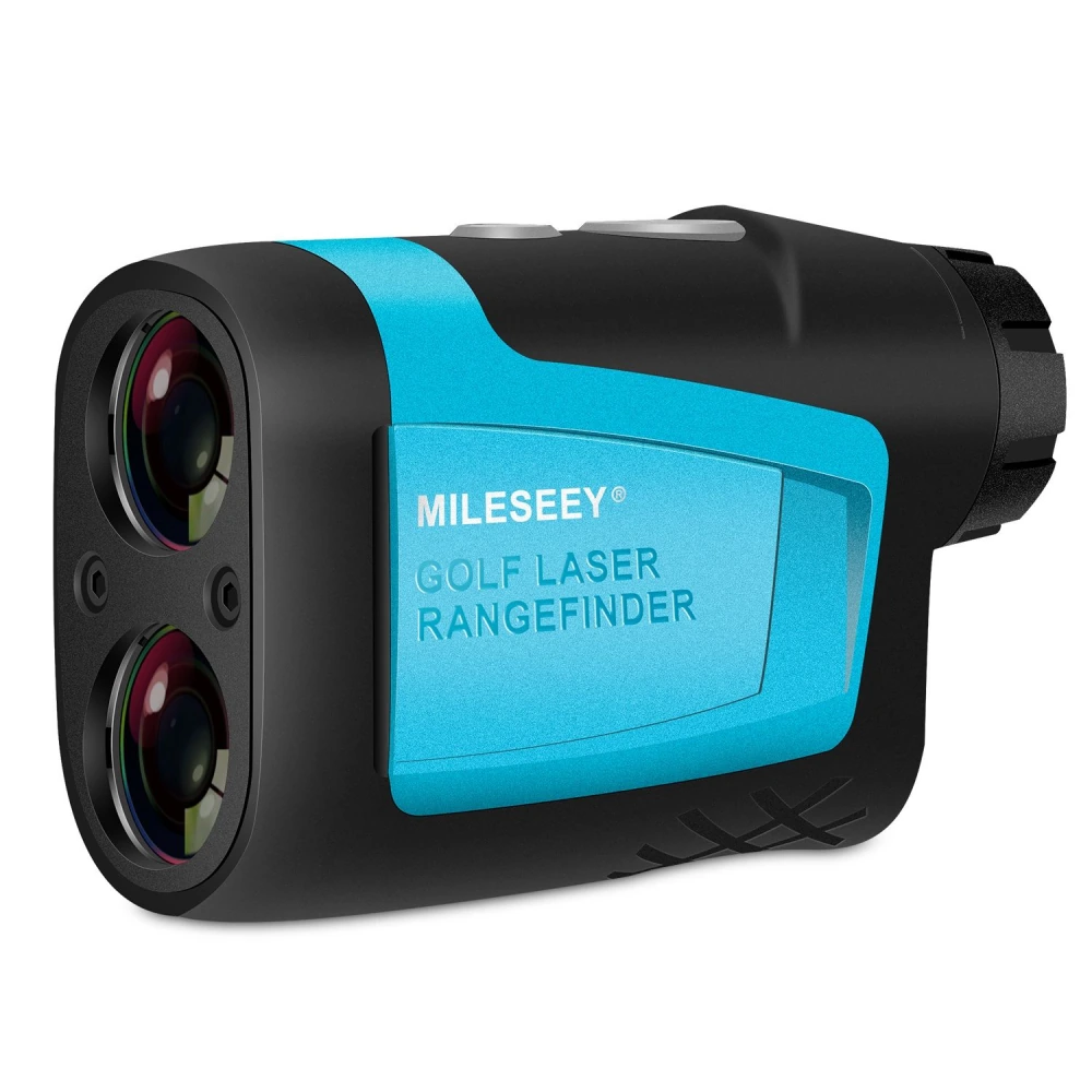 Mileseeey golf laser rangefinder featuring a sleek black body with blue accents, designed for precise distance measurements on the golf course.