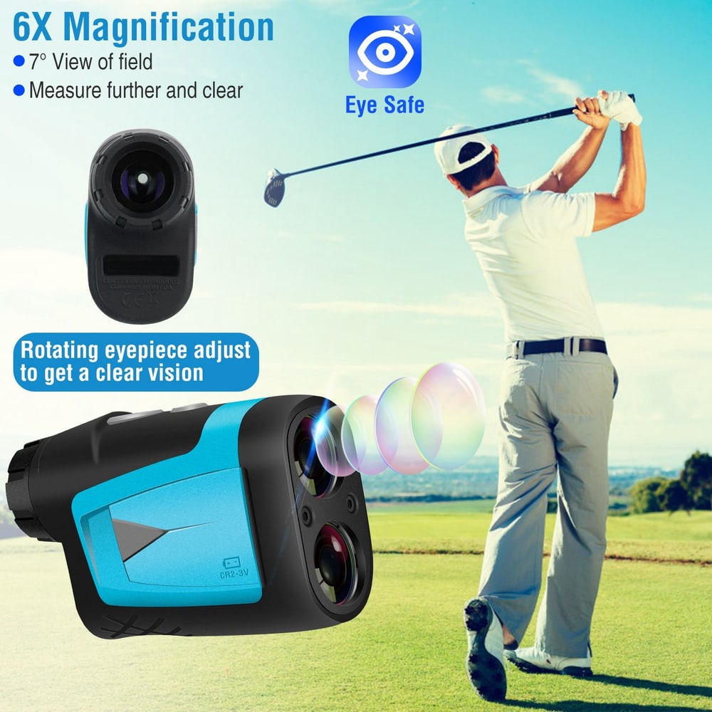 Golf rangefinder with 6X magnification, featuring an adjustable eyepiece for clear vision, showcased in use by a golfer on a green field.