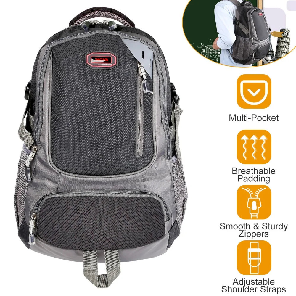 Durable multi-pocket gray backpack with breathable padding, adjustable shoulder straps, and smooth zippers, ideal for daily use and travel.