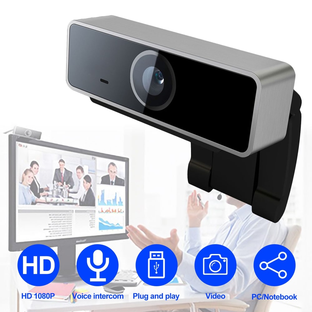 HD 1080P webcam with built-in microphone for video conferencing, featuring plug-and-play functionality, suitable for PCs and notebooks.