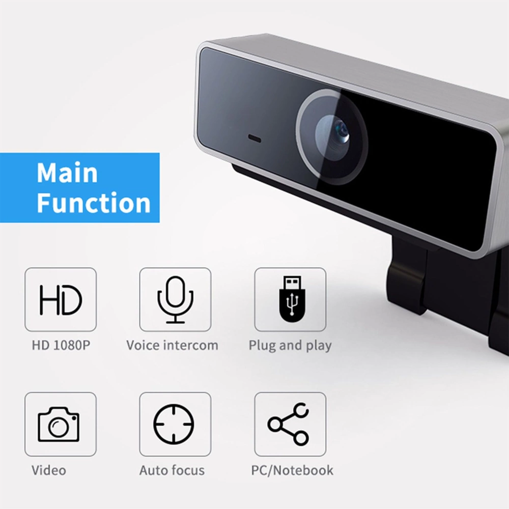HD 1080P webcam with voice intercom, plug and play functionality, autofocus, and compatibility for PC and notebook use.