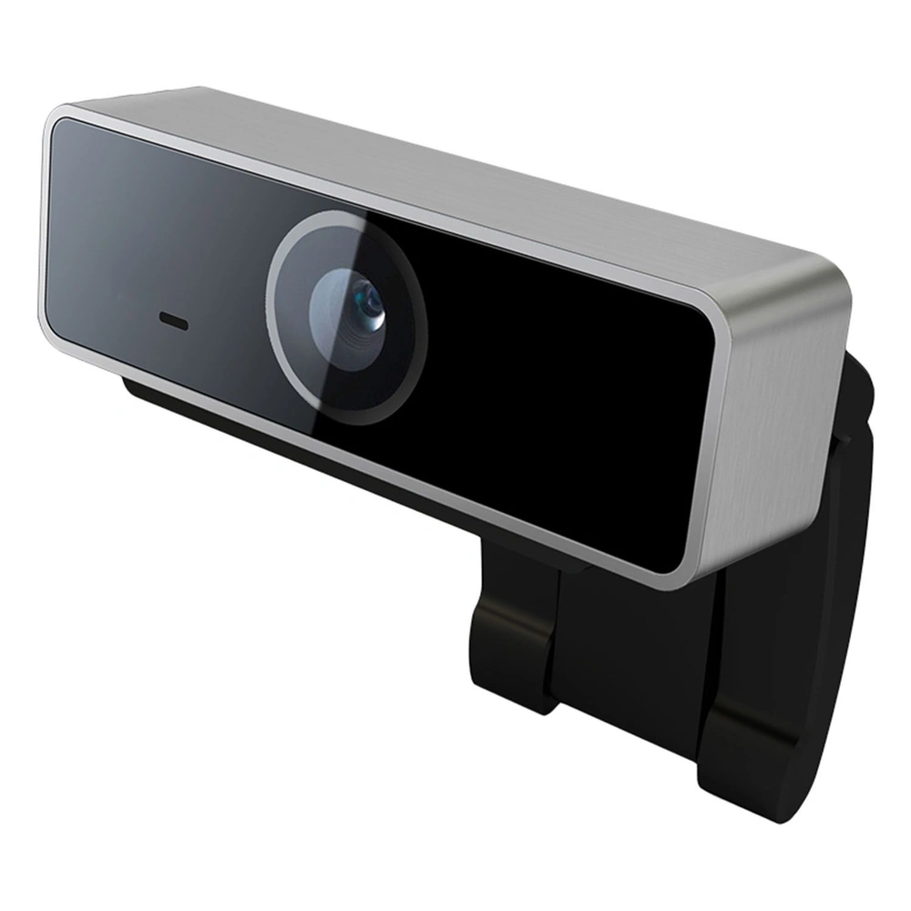 Sleek HD webcam with a silver design, featuring a round camera lens, adjustable clip for mounting on monitors, ideal for video calls and streaming.