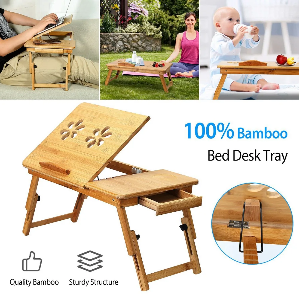 Bamboo bed desk tray with adjustable top and storage drawer, shown in various use cases including studying on a couch and outdoor dining.