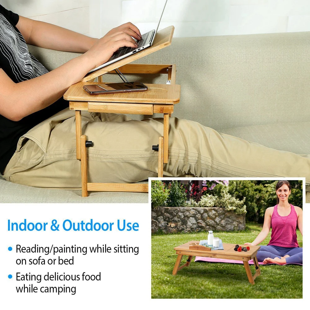 Bamboo adjustable laptop table for indoor and outdoor use, ideal for reading, painting, or enjoying meals while sitting on a sofa, bed, or during camping.