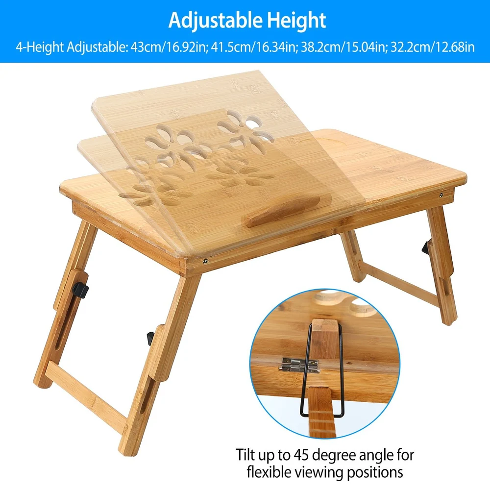 Adjustable bamboo laptop table with four height settings, tiltable up to 45 degrees for comfortable viewing, featuring a floral design and sturdy wooden legs.
