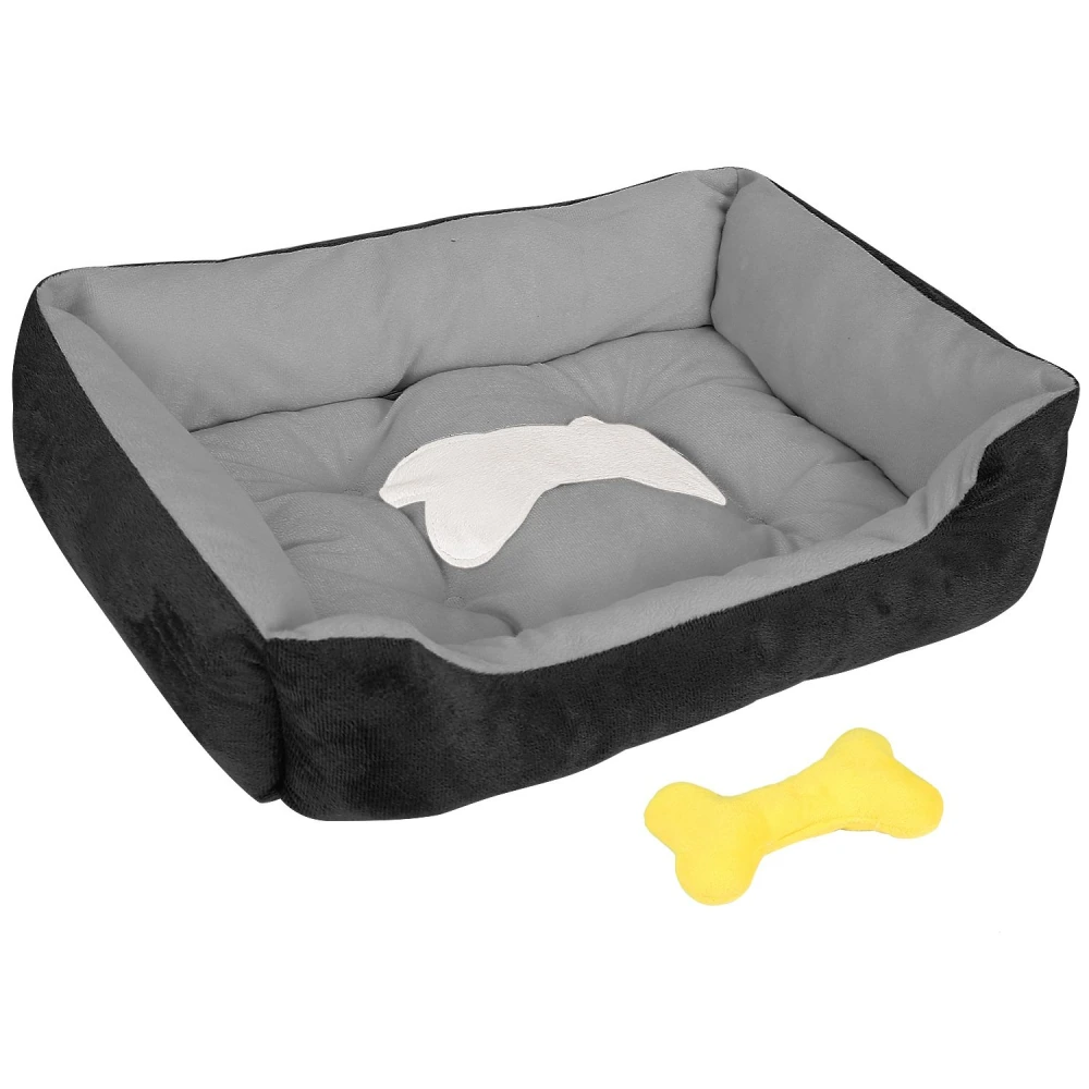 Comfortable grey and black rectangular pet bed with a plush interior and a white bone design, accompanied by a yellow dog toy bone.