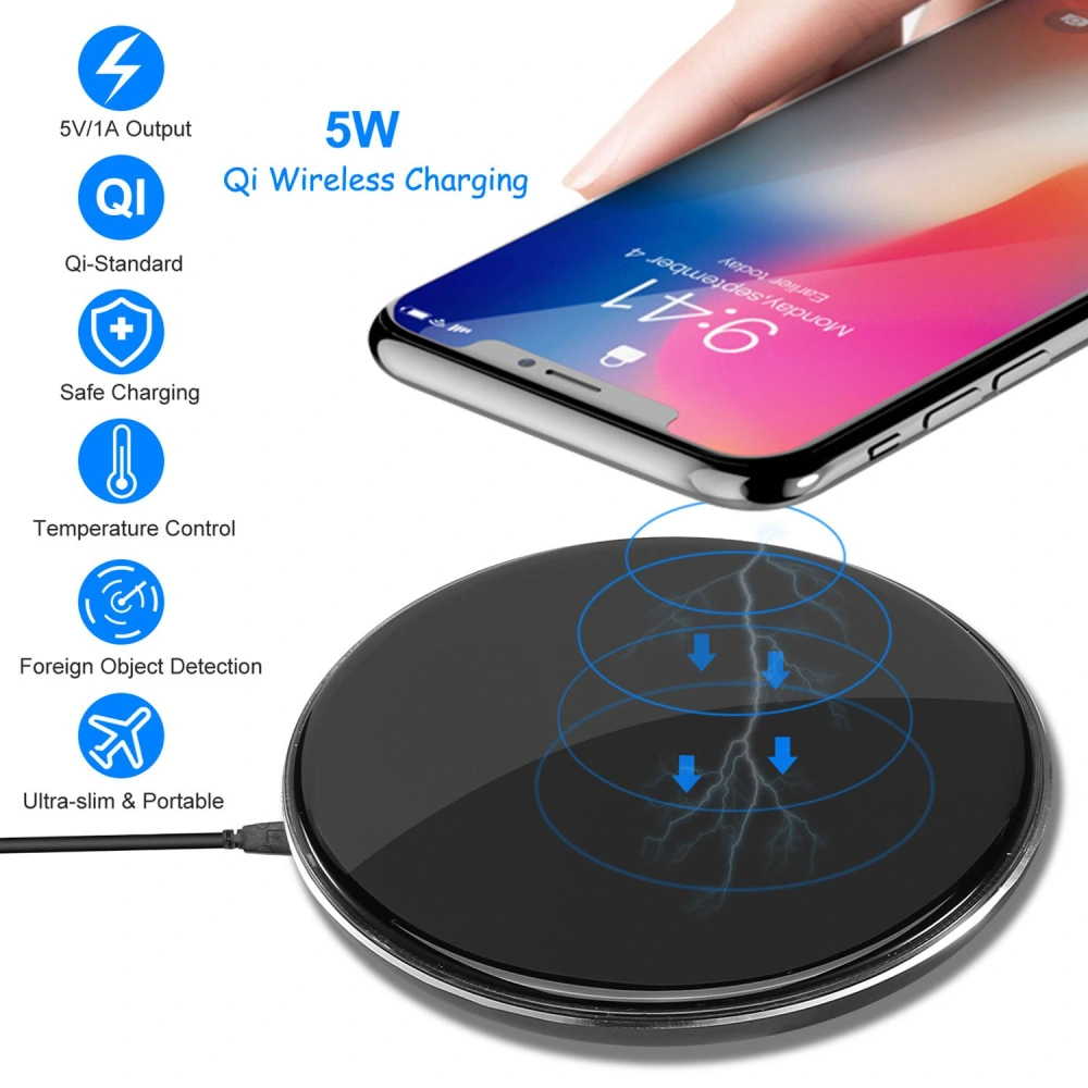 5W Qi wireless charging pad with smart temperature control and foreign object detection, designed for safe and efficient charging of compatible smartphones, showcased with a device being placed on it.