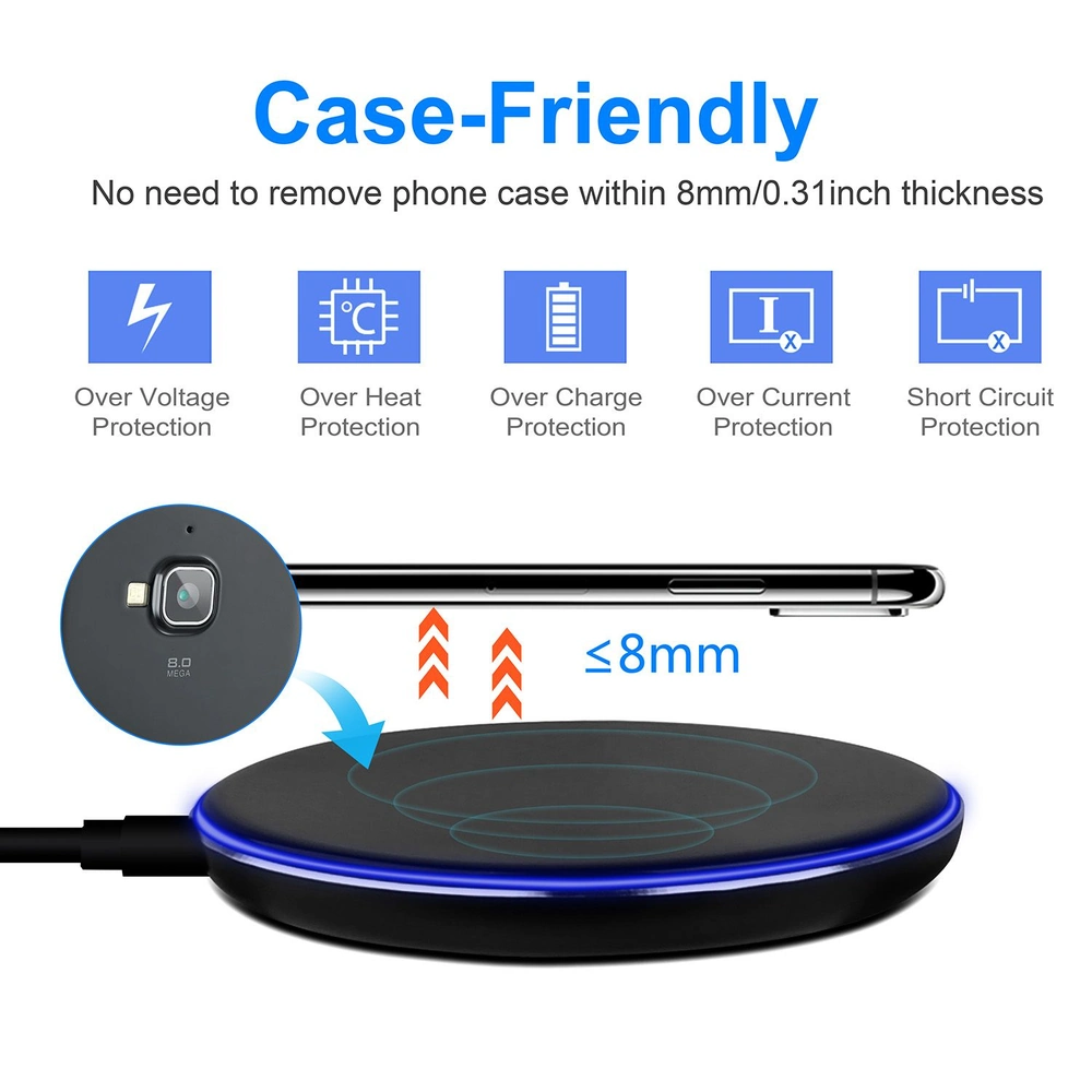 Wireless charging pad with safety features, compatible with phone cases up to 8mm thick, featuring over-voltage, over-heat, over-charge, and short circuit protection.