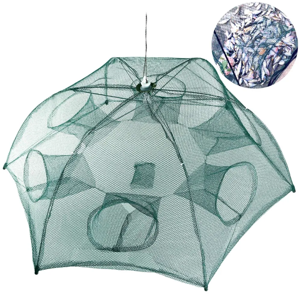 Collapsible green fishing net trap with multiple entry points for catching fish and shrimp, shown from a top view, alongside a close-up of caught fish inside.