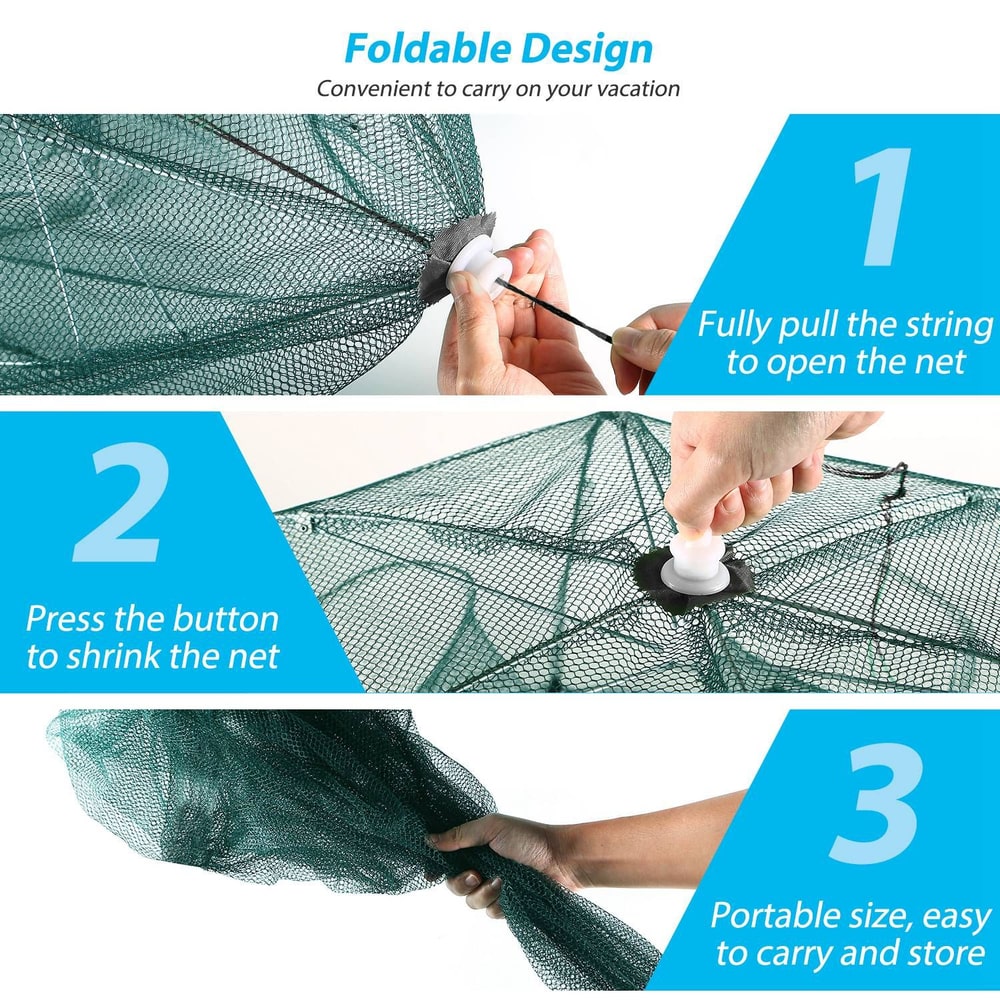 Foldable mesh net with instructional steps for easy opening, shrinking, and portability, ideal for vacations and outdoor activities.