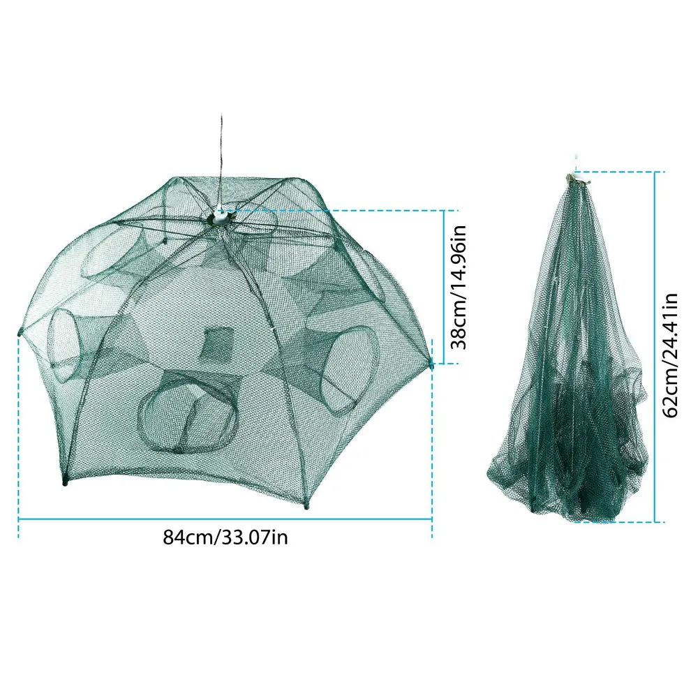 Green collapsible fishing net trap with multiple entry holes, dimensions 84cm x 38cm, ideal for catching fish and shrimp.
