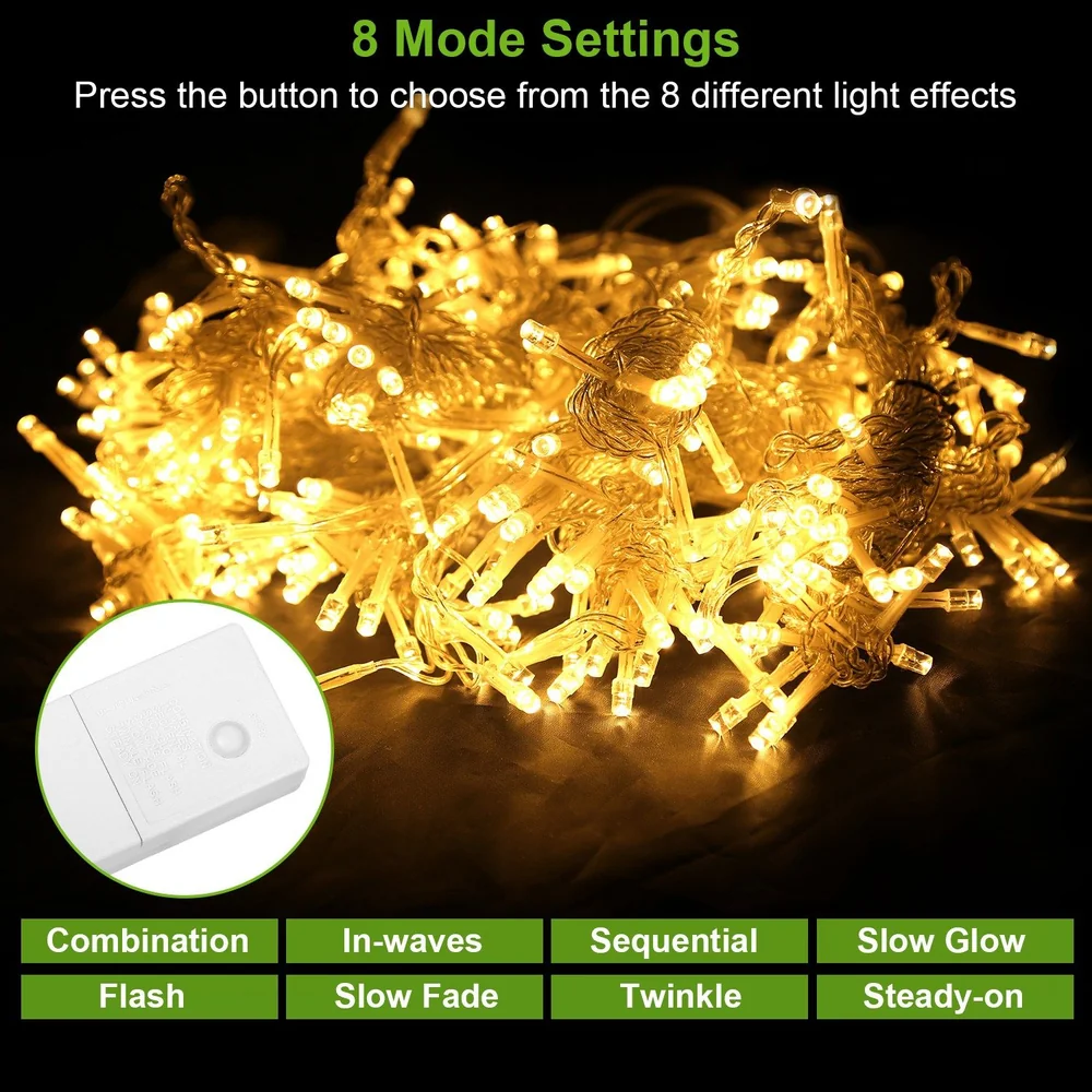 Warm white LED fairy lights with 8 adjustable lighting modes displayed in tangled strands, featuring a control box for easy mode selection.