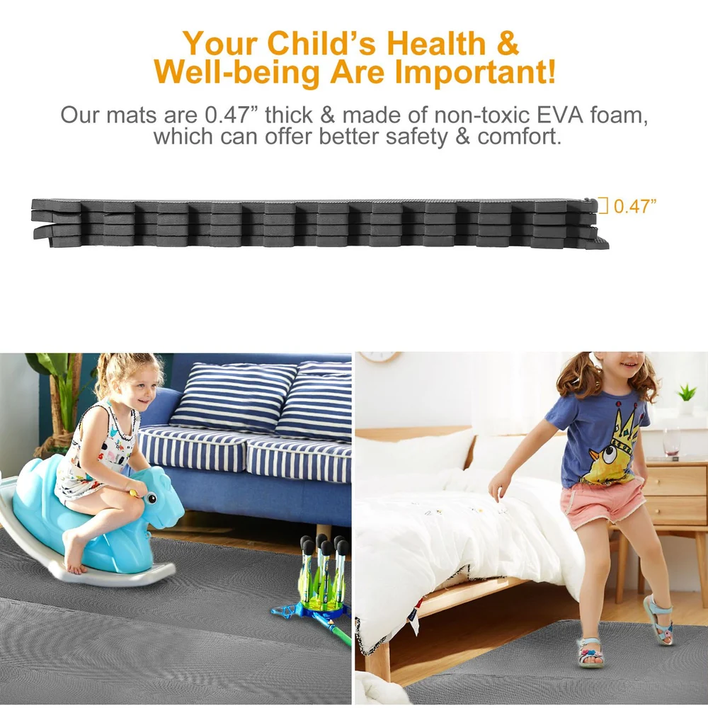 Non-toxic EVA foam play mat, 0.47 inches thick, providing safety and comfort for children during playtime, shown with kids engaging in fun activities at home.