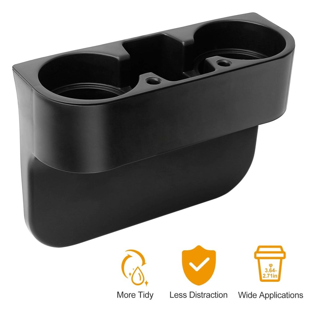 Black dual cup holder organizer for car use, designed to keep drinks tidy and reduce distractions, featuring two circular openings and a sleek, modern design.