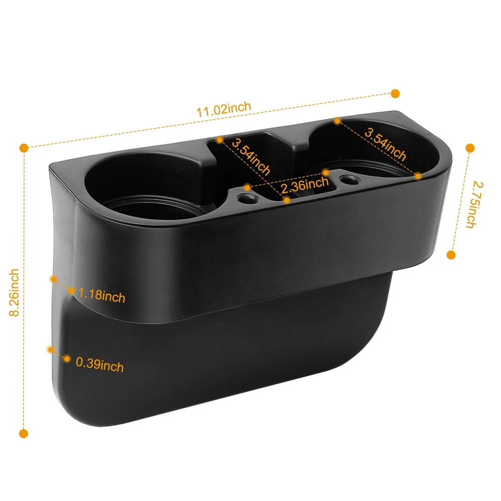 Black car cup holder organizer with two cup slots and a storage compartment, dimensions labeled for easy reference.