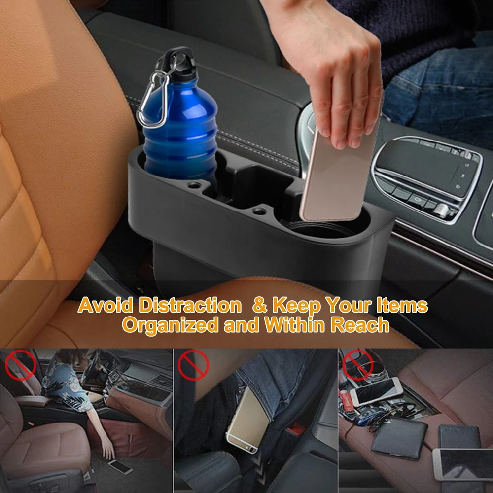 Compact car organizer featuring a water bottle holder and phone slot, designed to reduce distractions and keep essentials within easy reach while driving.