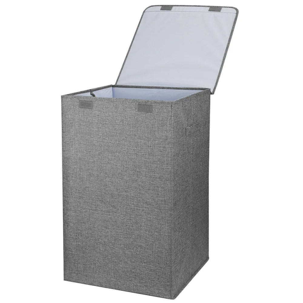 Gray fabric storage bin with a lid, ideal for organizing clothes or toys, featuring carrying handles and a stylish design.