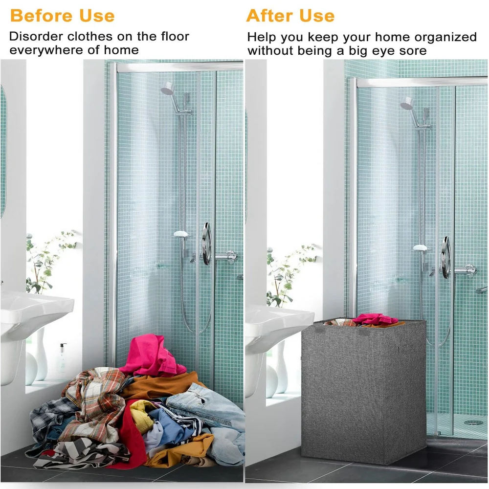 Before and after image showing a cluttered pile of clothes on the floor next to a shower on the left, and an organized gray laundry basket neatly placed on the floor on the right, illustrating effective home organization.
