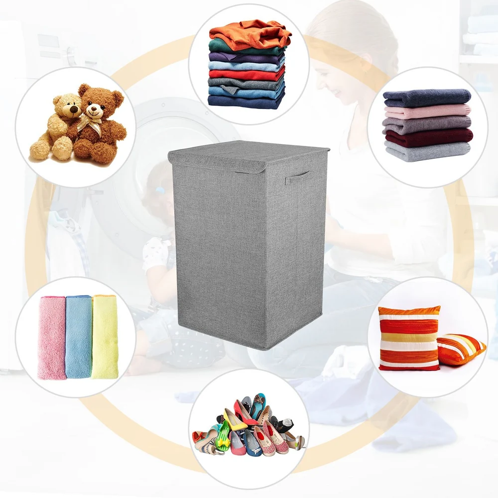 Grey laundry hamper surrounded by images of folded clothes, stuffed animals, pillows, cleaning cloths, and shoes for organized storage.