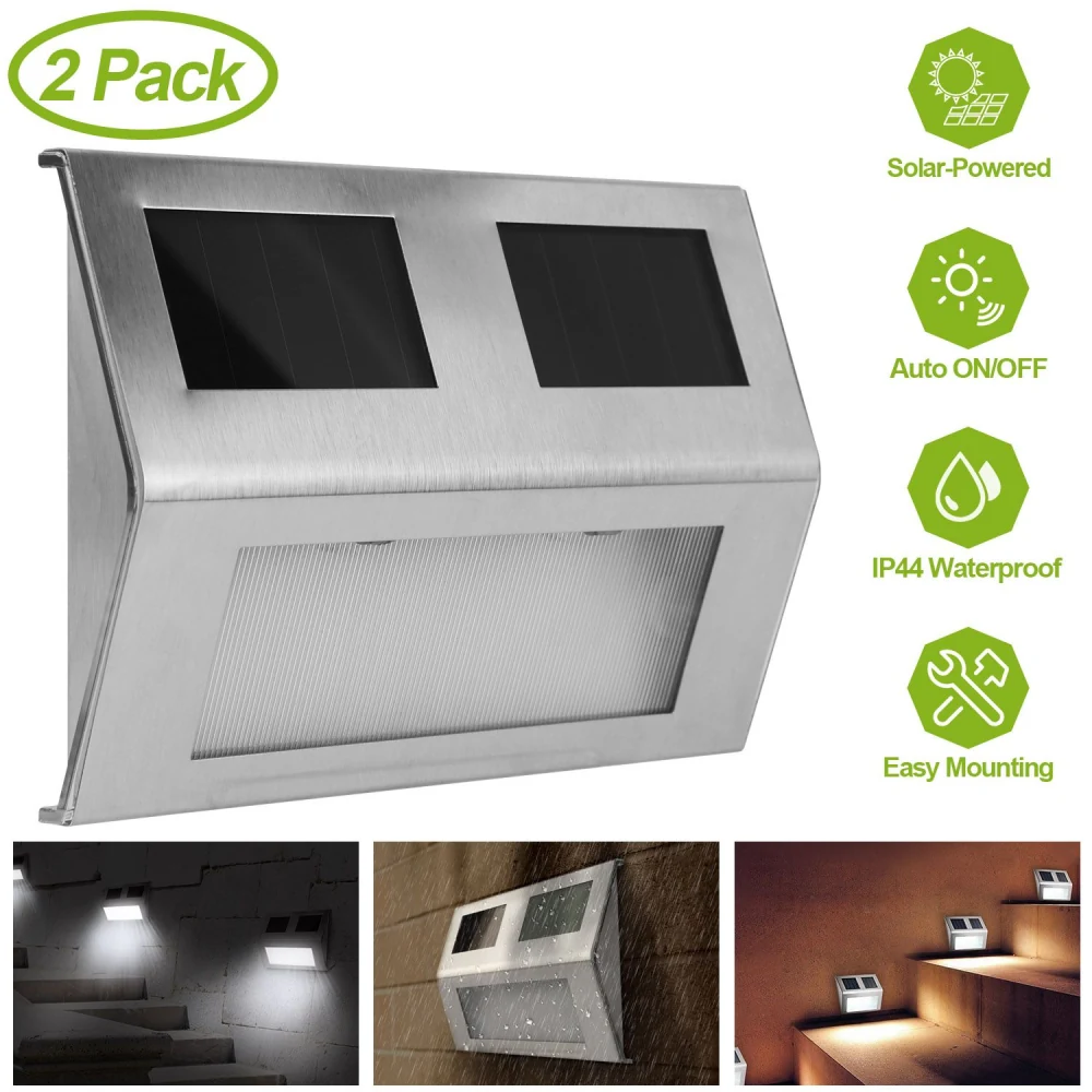 Solar-powered outdoor wall light in stainless steel, featuring auto on/off functionality, IP44 waterproof rating, and easy mounting; sold in a two-pack.