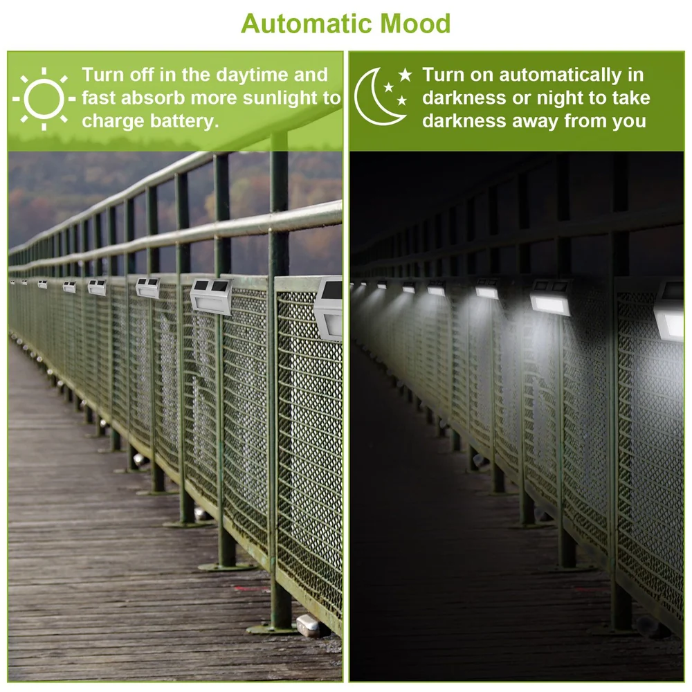 Image showcasing solar-powered motion sensor lights mounted on a green railing, demonstrating automatic lighting in low light conditions on the right and charging in daylight on the left, ideal for outdoor spaces.