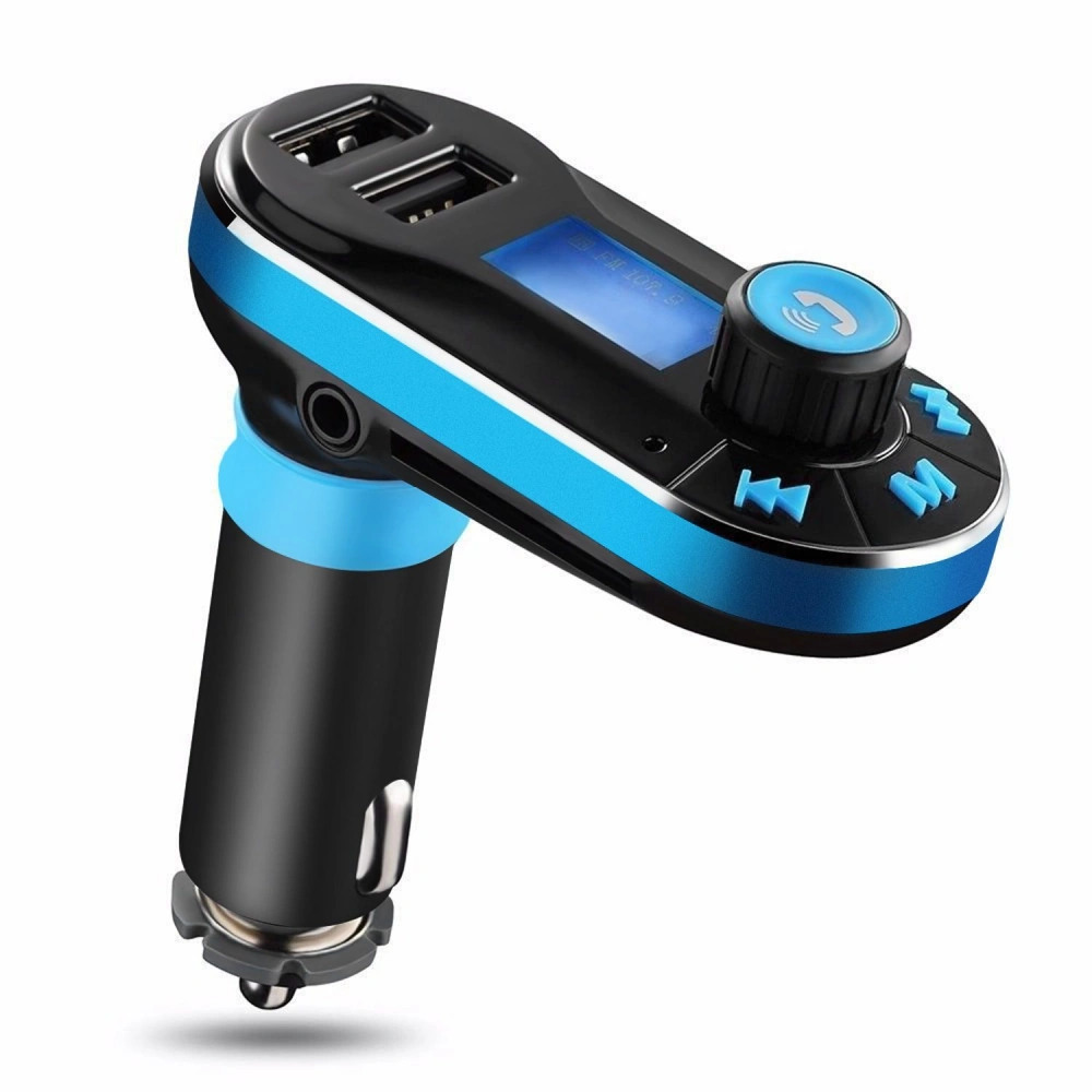 Bluetooth car adapter with dual USB ports, LCD display, and control buttons for music playback, featuring a sleek black and blue design.